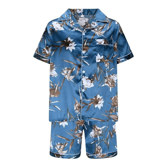 Xysaqa Men's Fashion Floral Satin Silk Pajama Set with Shorts 2 Piece Outfits Button Up Shirts with Pocket Summer Sleepwear for Men Loose Soft Comfy Loungewear M-2XL Summer Savings