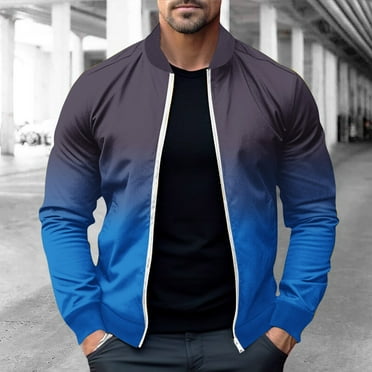 Xysaqa Men's Jacket Gradient Color Bomber Jacket Casual Lightweight Long Sleeve Track Jackets Zip Up Spring Fall Jacket Coat with Pockets Blue