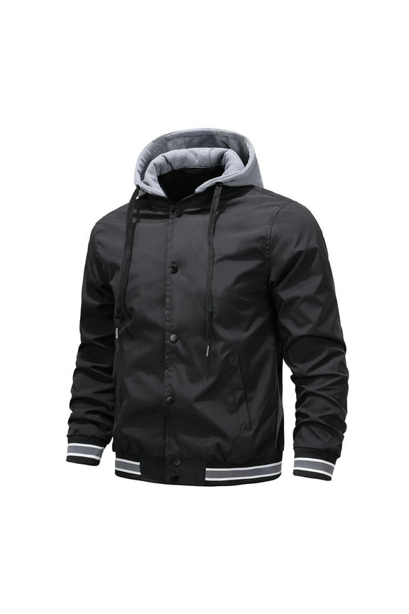 Men's Lightweight Bomber Jacket with Removable Hood Sportswear Button Up Casual Windbreaker Long Sleeve Outerwear Coat
