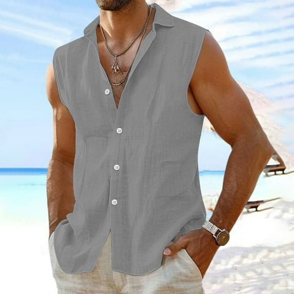 Xysaqa Men's Linen Shirts Cotton Tank Tops Men Summer Beach Sleeveless Button-Down Shirts for Men Comfy Plain Lightweight Casual Vests T-Shirt S-2XL Summer Savings