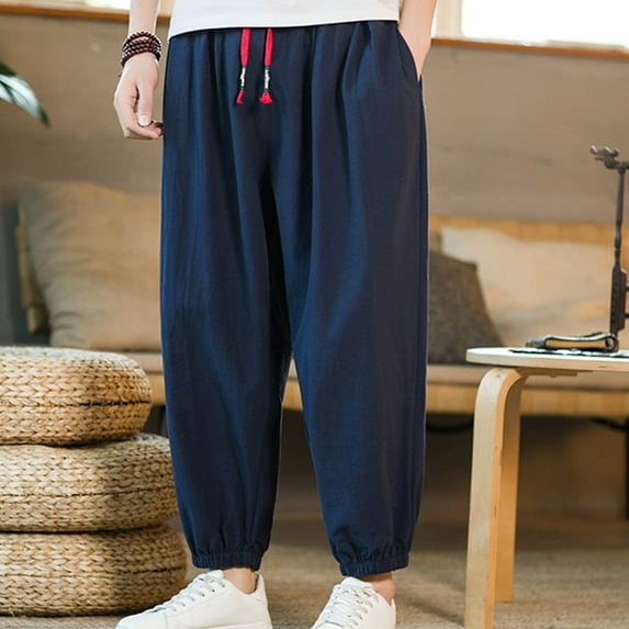Xysaqa Men's Loose Workout Sweatpants with Pockets Casual Cotton Linen Pants Drawstring Elastic Waist Baggy Tapered Pants Big & Tall 2X 3X 4X 5X Summer Savings