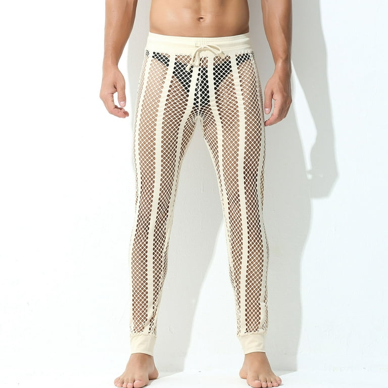 Xysaqa Men's Mesh Fishnet See-Through Pants Stretchy Muscle Workout  Leggings Drawstring Lounge Pants 