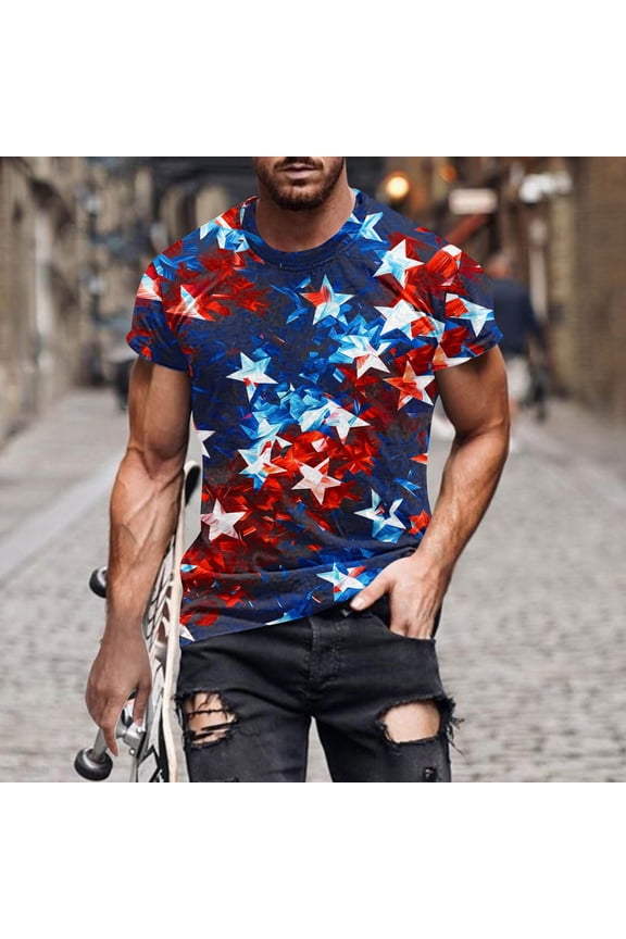 Men's Patriotic Graphic Tees Shirts 4th of July Funny Printed T-Shirt Casual USA American Flag Shirts for Men Teens Big & Tall Size 3X 4X 5X Summer Savings
