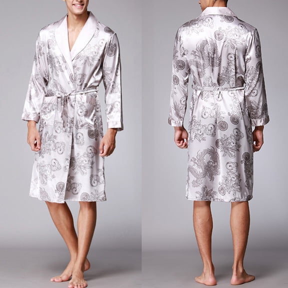 Xysaqa Men's Robes Summer Luxurious Kimono Soft Satin Robe Nightgown Long Sleeve Pajamas Printed Bathrobes Loungewear for Men L-3XL