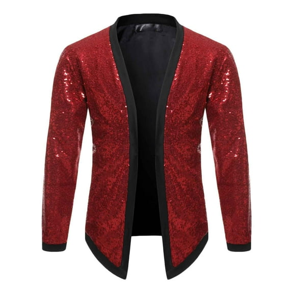 Xysaqa Men's Shiny Glitter Sequins Cardigan Men Casual Open Front Long Sleeve Dress Jacket for Party Wedding Dance Clubwear