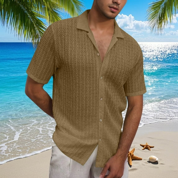 Xysaqa Men's Shirt Trendy Eyelet Crochet Hawaiian Beach Tshirt Short Sleeve Casual Lightweight Tops Solid Button Down T-Shirts S-3XL Summer Savings