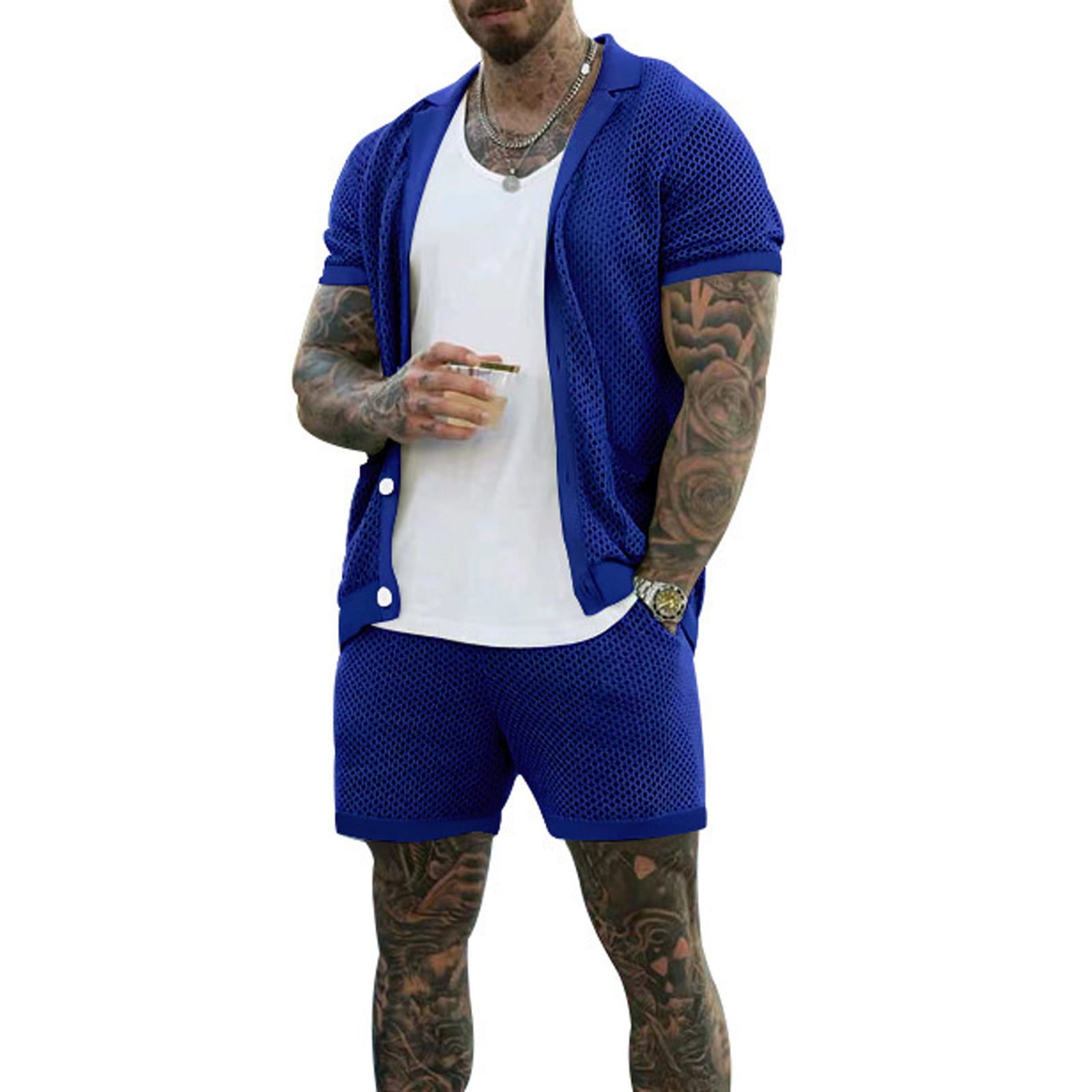 Xysaqa Men's Shirt and Shorts Knit Mesh Set, Fashion ButtonDown Shirt