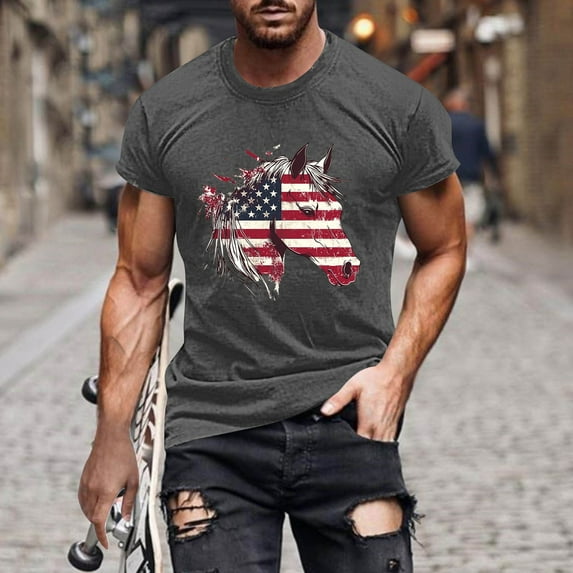 Xysaqa Men's Short Sleeve Patriotic American Flag Design with Horse Funny Graphic T-Shirt Casual Mens Big & Tall Gym Workout Shirts 3X 4X 5X Summer Savings