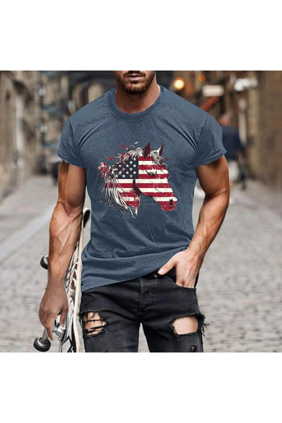 Men's Short Sleeve Patriotic American Flag Design with Horse Funny Graphic T-Shirt Casual Mens Big & Tall Gym Workout Shirts 3X 4X 5X Summer Savings