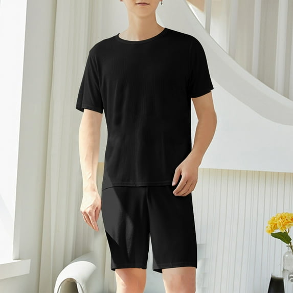Xysaqa Men's Soft Pajama Set Trendy Lightweight Comfy Ice Silk Textured Loose Fits Short Sleeve Shirt + Shorts Set Summer Clothes for Men 2X 3X 4X