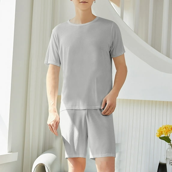 Xysaqa Men's Soft Pajama Set Trendy Lightweight Comfy Ice Silk Textured Loose Fits Short Sleeve Shirt + Shorts Set Summer Clothes for Men 2X 3X 4X