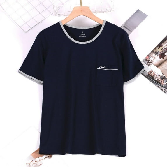 Xysaqa Men's Solid Color Crew Neck Pajamas T-Shirt Short-Sleeve Pocket Cotton Lounge Shirt Plus Size 2X 3X 4X Summer Clothes