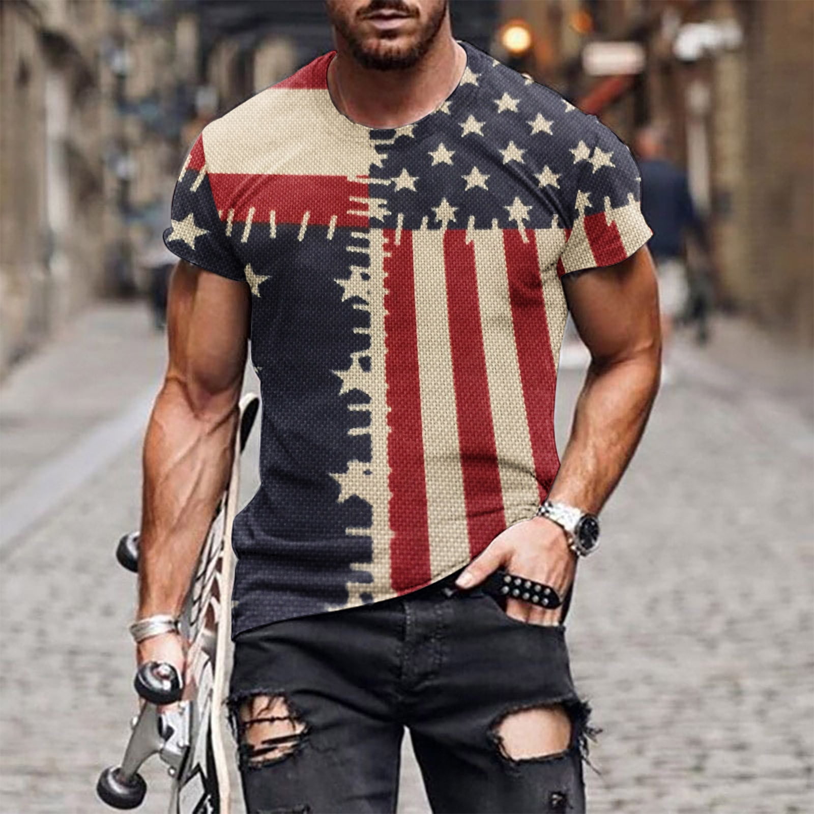 Xysaqa Men's Stars and Stripes T-Shirt, Mens American Flag Print Shirts ...