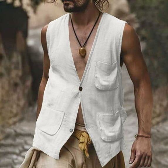 Xysaqa Men's Summer Casual Cotton Linen Vest Multi Pockets 2 Buttons Sleeveless Vests Lightweight V Neck Waistcoat for Party Beach S-2XL