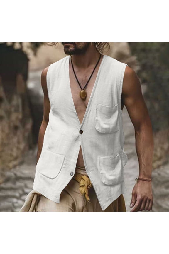 Men's Summer Casual Cotton Linen Vest Multi Pockets 2 Buttons Sleeveless Vests Lightweight V Neck Waistcoat for Party Beach S-2XL