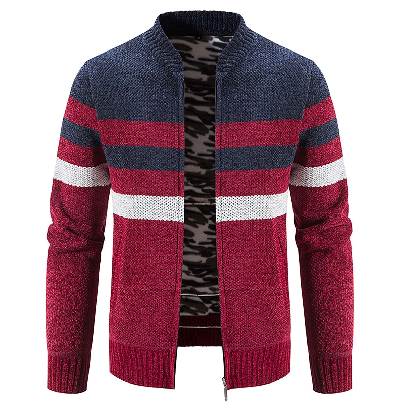 Xysaqa Men s Sweater Full Zip Cable Knit Cardigan Sweaters Color Block Slim Fits Warm Fleeces Lined Jacket Sweater with Pockets Walmart
