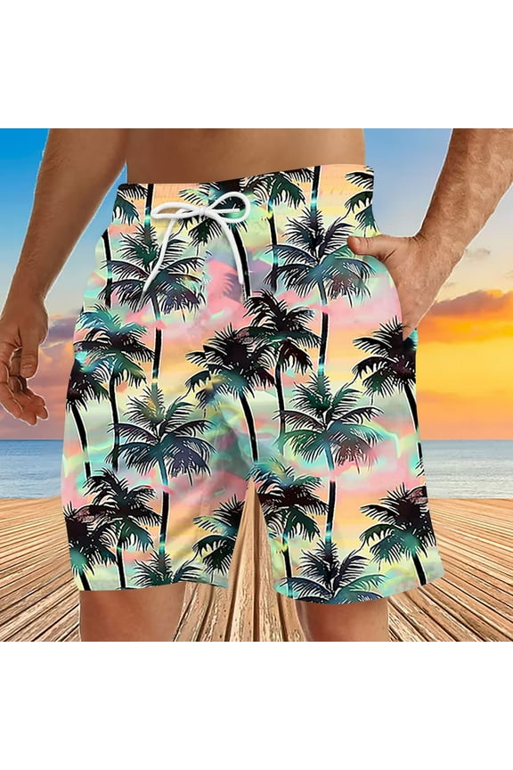 Men's Swim Trunks Palm Tree Print Hawaiian Bathing Suit Swimsuits Casual Holiday Beach Shorts with Pockets (Available In Big & Tall) Clearance Black XL