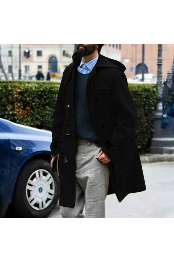 Men's Trench Hooded Coat Winter Classic Wool-Blends Jacket Long Business Overcoat Top Pea Coat with Hoodies Big & Tall M-5XL