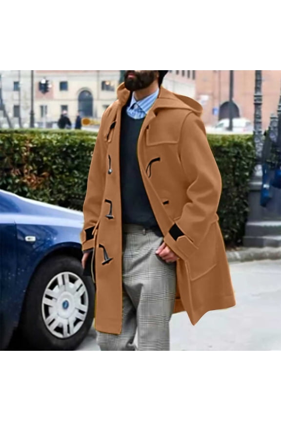 Men's Trench Hooded Coat Winter Classic Wool-Blends Jacket Long Business Overcoat Top Pea Coat with Hoodies Big & Tall M-5XL