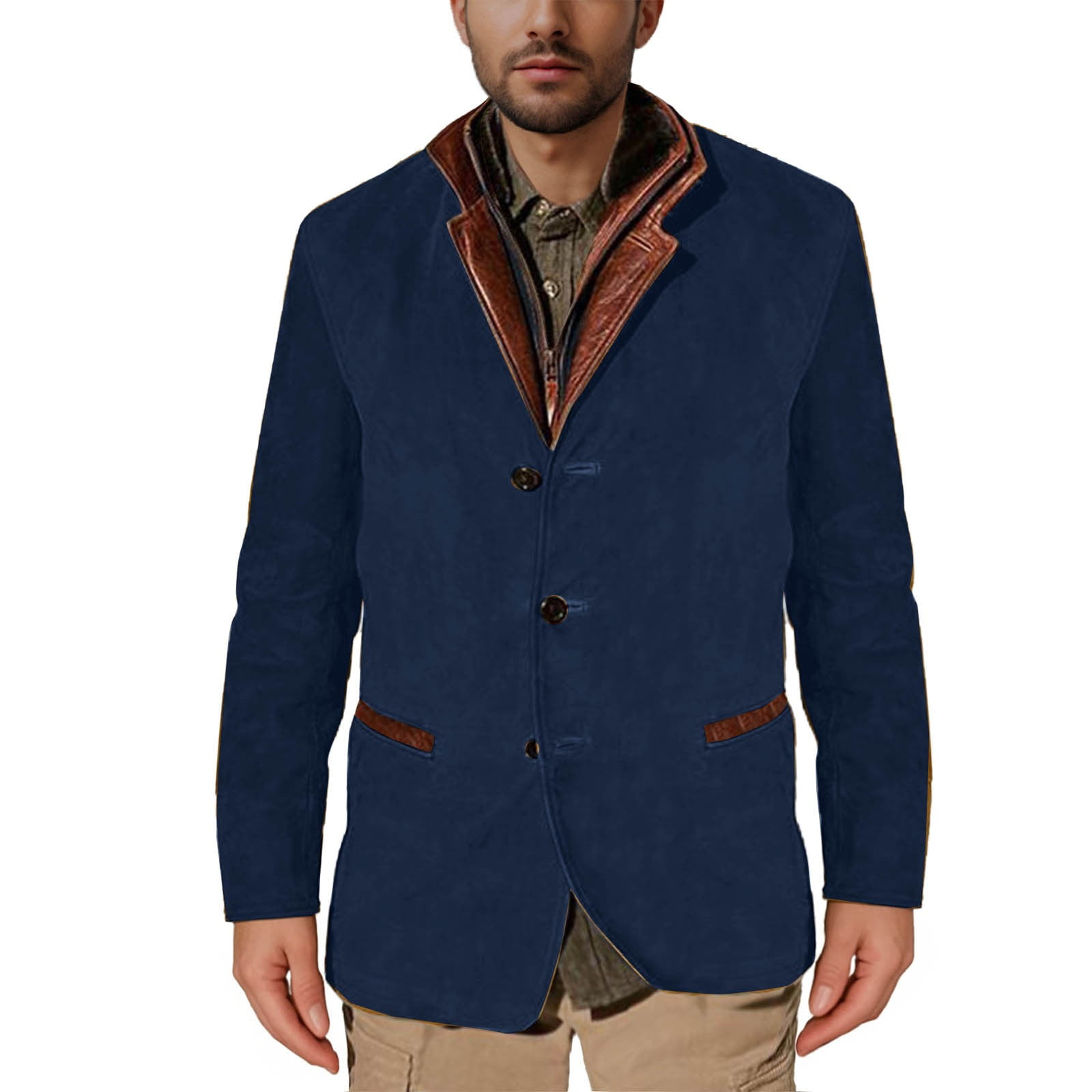 Xysaqa Men's Vintage Stand Collar Wool Coats Casual Patchwork