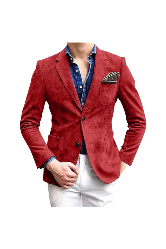 Men's Vintage Suede Suit Blazer Jacket Mens Fashion Casual Work Wear Sport Coat 2 Button Slim Fitted Long Sleeve Blazer Jackets for Men Red