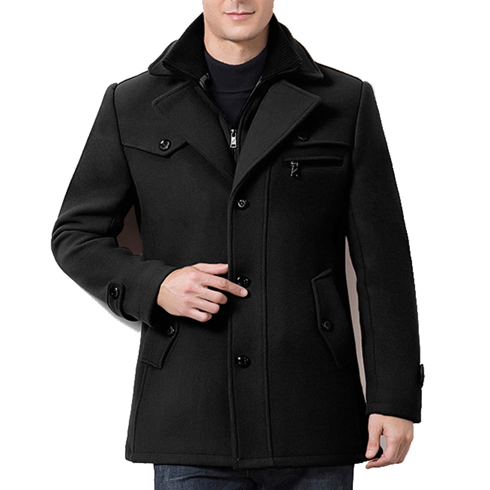 Xysaqa Men s Woolen Blends Pea Coat with Removable Soft Scarf Warm Winter Trench Coat Single Breasted Stylish Business Jacket for Men Walmart