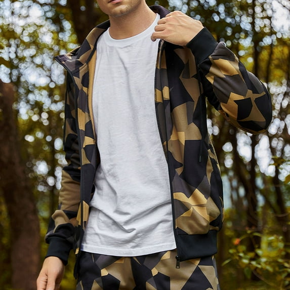 Xysaqa Mens Casual Lightweight Zip Up Bomber Jackets Camouflage Print Hoodies Long Sleeve Windbreaker Coat Hooded Jackets with Pockets Fashion Spring Fall Clothes S-2XL Clearance