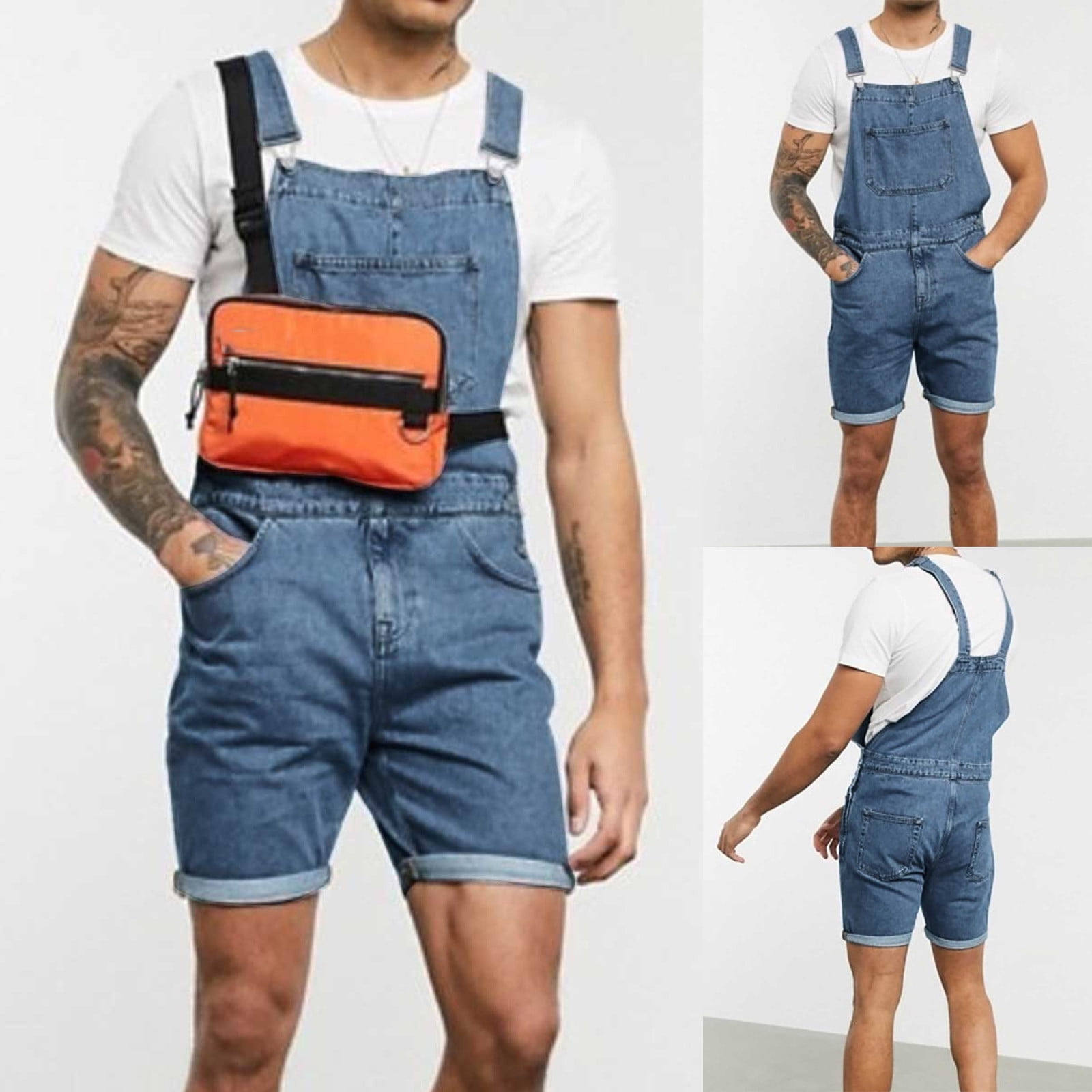 Xysaqa Mens Denim Bib Overall Shorts Above Knee Length Rompers Walk Short Jeans Jumpsuit Relaxed