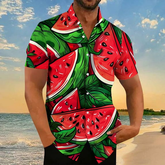 Xysaqa Mens Dress Shirts Beach Shirts for Men Hawaiian Shirt Men Big & Tall Cool Watermelon Print Shirts Merns Casual Short Sleeve Button Up T-Shirt Summer Party Beach Tshirt S-5Xl Oversized Tshirts F