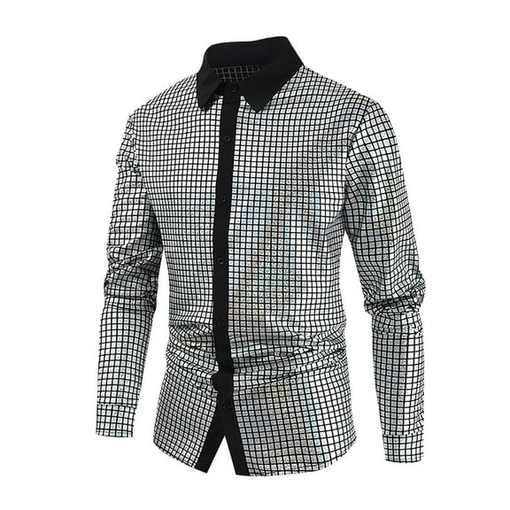 Njoeus Mens Dress Shirts Workout Shirts For Men Men'S Shiny Sequin Long Sleeve Shirts Mens Fashion Button Up Club Party T-Shirts Summer Costume Shirts For Men Shirts For Men On Clearance
