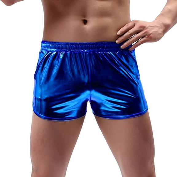 Xysaqa Mens Fashion Sexy Sparkly Shiny Shorts Holiday Party Club Hot Short Pants Split Side Elastic Waist Shorts with Pockets Clearance Blue XL