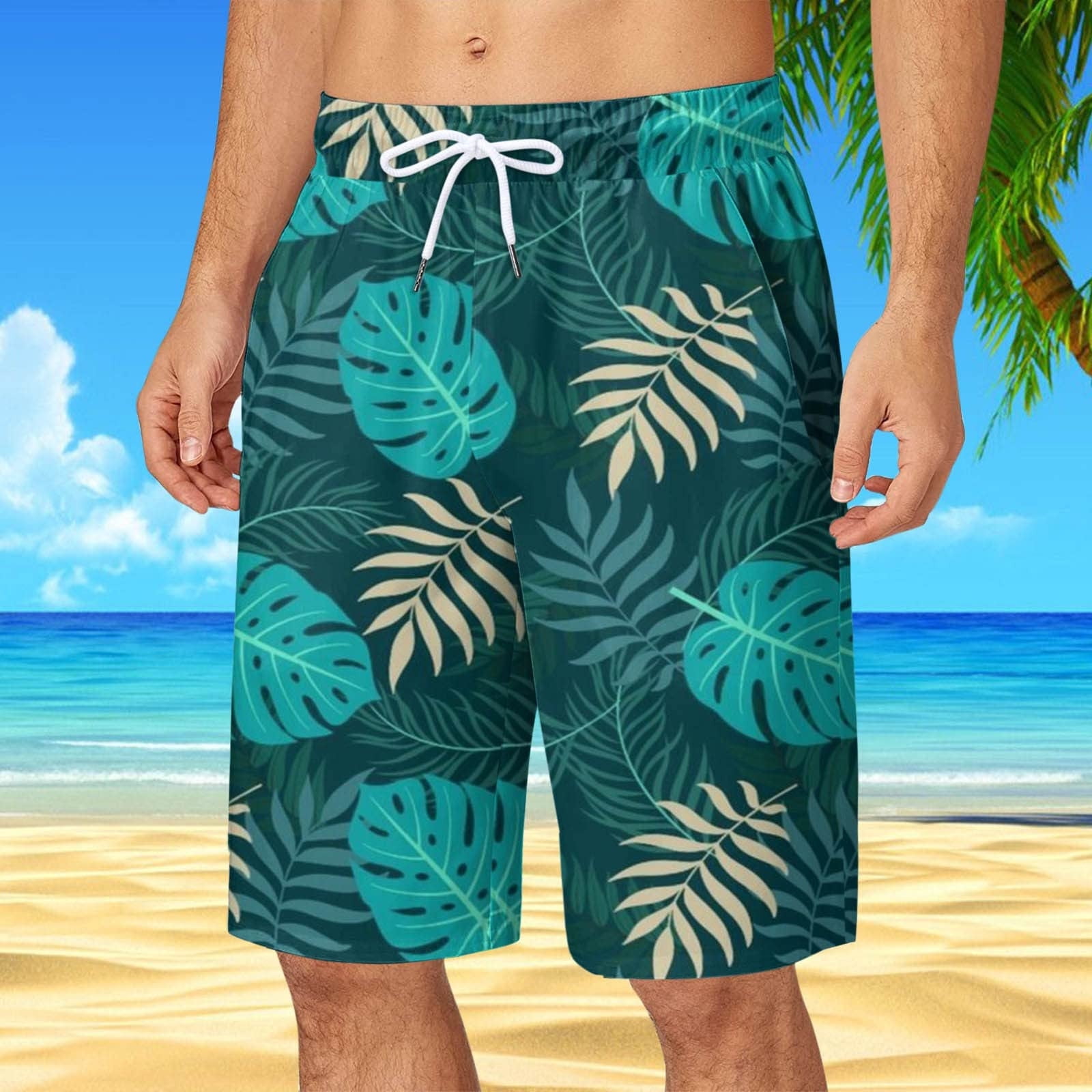 Xysaqa Mens Hawaiian Beach Shorts, Elastic Waist Tropical Print
