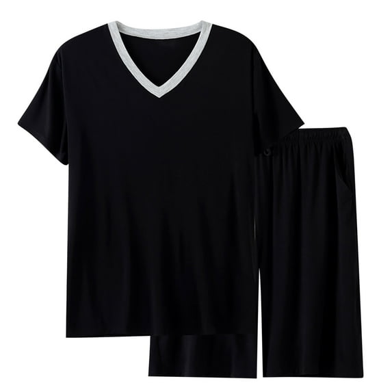 Xysaqa Mens Pajamas Set Short Sleeve Sleep Shirts with Pjs Shorts Set Cool Ice Silk Sleepwear Summer Comfy Lightweight V Neck Nightwear Lounge Outfits Clearance