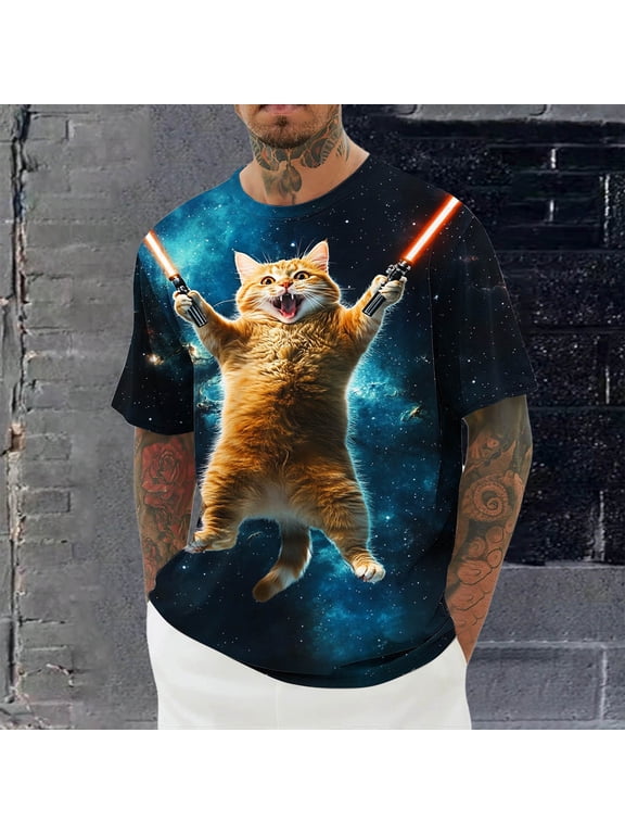 Mens Shirts Funny Cats Printed T-Shirts Cool Graphic Tees for Men Boys Summer Cool Short Sleeve Shirts Novelty Men's Big & Tall Hawaiian Shirts Gift Shirts 2X 3X 4X