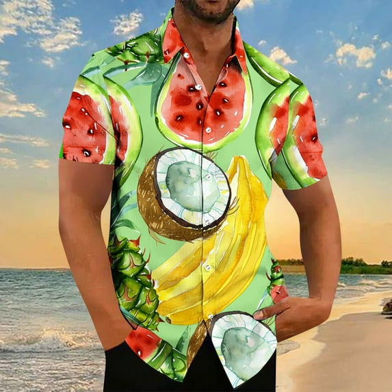 Xysaqa Mens Shirts Tshirts Shirts for Men Men's Hawaiian Shirt Short Sleeves Fruit Printed Buttons Down Shirts for Men Big & Tall Holiday Party Summer Tropical Beach Shirts S-5Xl Work Shirts for Men