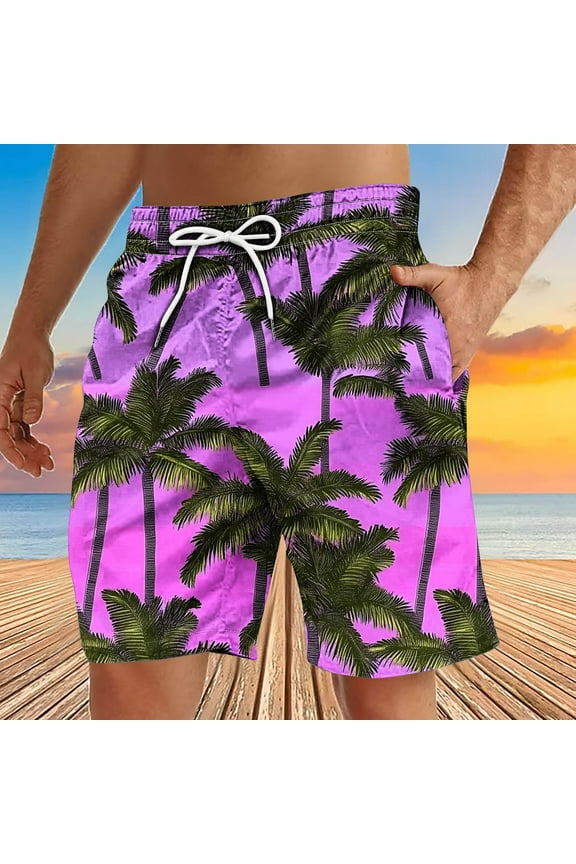 Mens Shorts Big & Tall Tropical Swim Trunks Men Drawstring Elastic Waist Palm Tree Printed Summer Hawaii Beach Shorts Swimwear Bathing Suits with Pockets Clearance Purple 3X