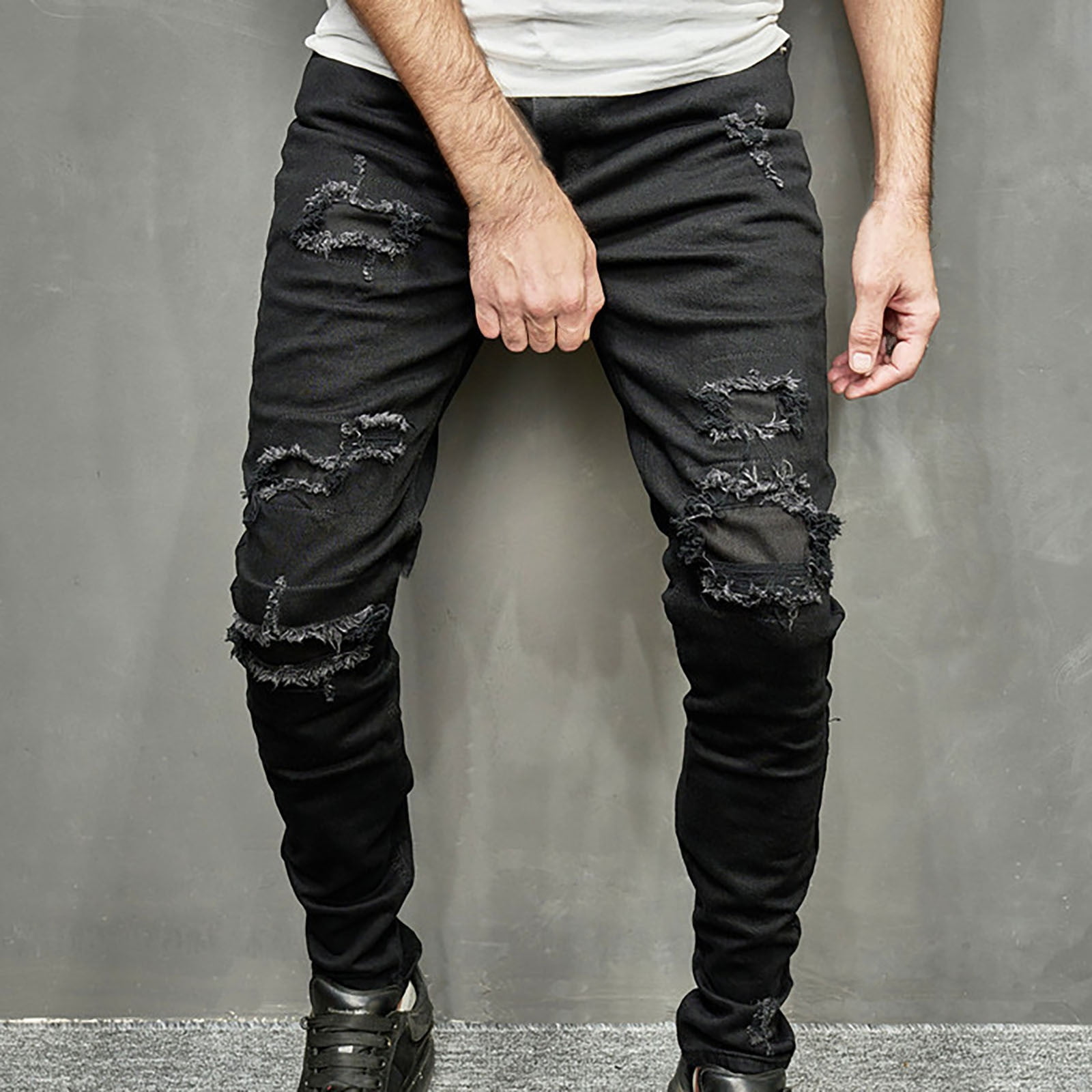Plaid Wounds Skinny Ripped Jeans + Chain - Washed Black Y10 - FASH STOP
