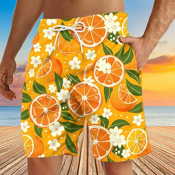Xysaqa Mens Swim Trunks Bathing Suits Funny Fruit Print Swimwear Mens Board Shorts, Mens Drawstring Elastic Waist Lightweight Summer Beach Shorts with Pockets （Available In Big & Tall) Orange L
