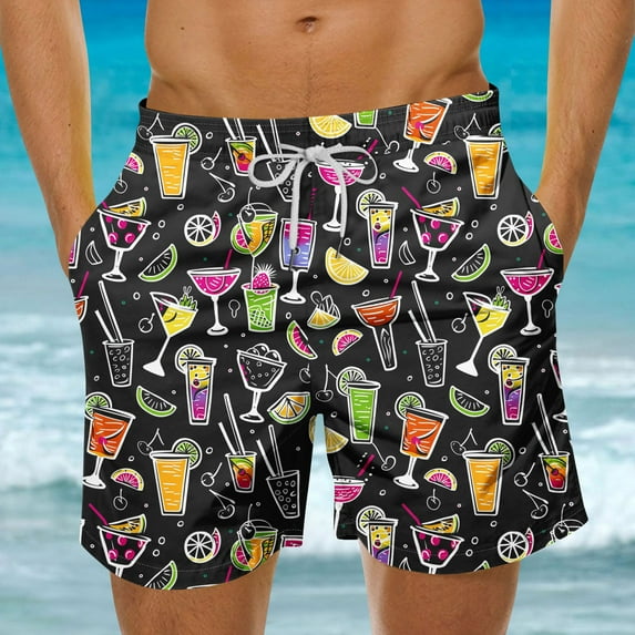 Xysaqa Mens Swim Trunks Big & Tall Board Shorts with Pockets Funny Printed Men Summer Hawaiian Party Beach Shorts Comfy Breathable Swimwear Bathing Suits Clearance Black M