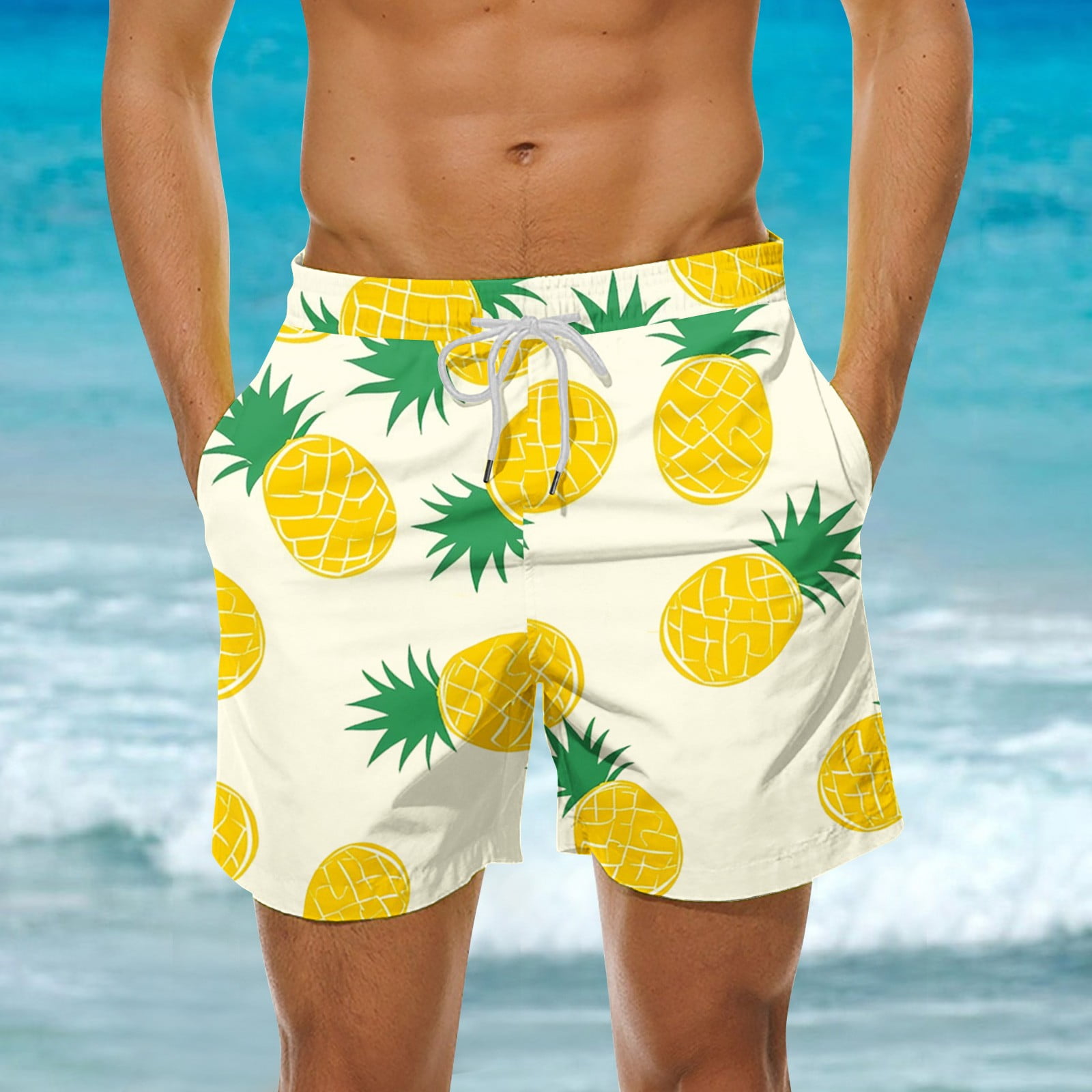 Bathing Suit Men Inch Cauagu Lemons On Striped Print Mens Swim