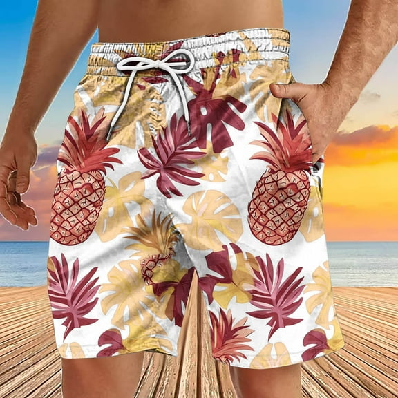 Xysaqa Mens Swim Trunks Men Big & Tall Bathing Suit Hawaiian Pineapple Graphic Swimwear Summer Holiday Party Beach Board Shorts Clearance Yellow XL