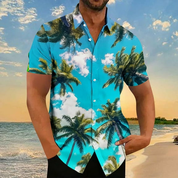 Xysaqa Mens T-Shirts Beach Shirts for Men Palm Tree Hawaiian Shirt for Men Printed Short Sleeve Buttons Down Shirts Mens Big & Tall Shirt Casual Summer Beach T Shirt S-5Xl Boys Shirts On Clearance