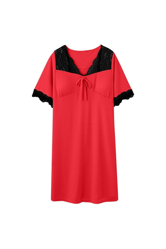 Nightgowns for Women Lace V Neck Nightshirt Short Sleeve Sleep Shirts for Women Oversized Comfy Sleepwear Soft House Dress M-3X (Built in Bras) Clearance Red