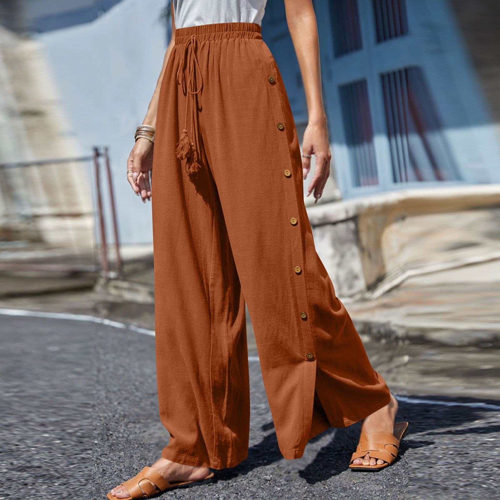 Xysaqa Cute Summer Outfits for Women, Women's Casual High Waist Wide Leg  Comfy Pants Elastic Waisted Loose Fit Trousers 