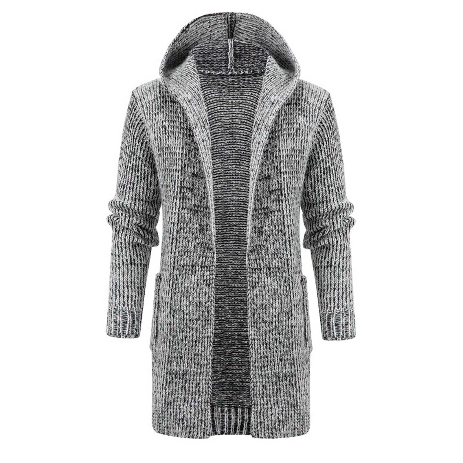 Xysaqa Open Front Long Cardigan Sweaters for Men Hooded Long Sleeve Warm Chunky Knit Cardigans Sweater Long Hoodies Coat Pockets M 4XL Men Big Tall