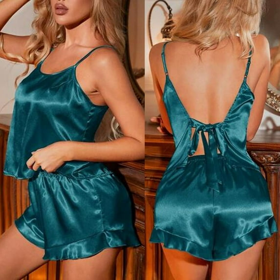 Xysaqa Pajamas Set Soft Women Satin Sleepwear Pjs 2 Piece Silky Pjs Tie Back Cami Top and Shorts Sleep Camisole Nightwear