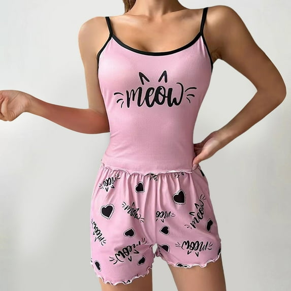 Xysaqa Pajamas Set for Women Love Printed Spaghetti Strap Cami Tank Tops and Shorts Womens Two Piece Pjs Set Cute Sleepwear Pink M