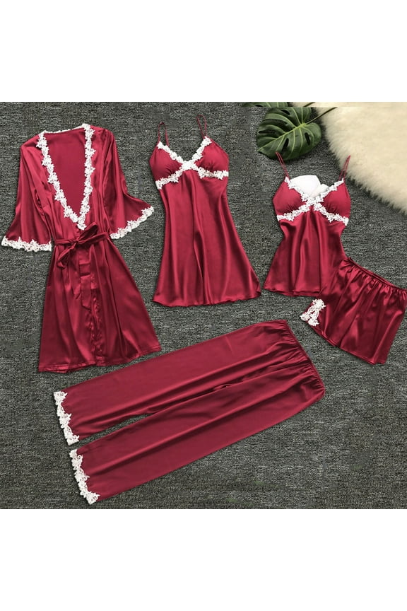 Pajamas Sets for Women Soft Satin 5pcs Nightgown Cami Shorts Pants Nightdress Sleepwear Sets for Women Cute Pjs Sets Loungewear with Robe