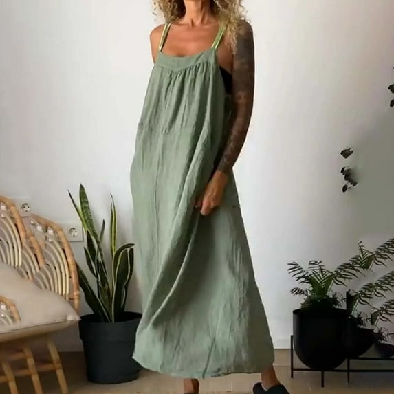 Xysaqa Plus Size Dresses for Women Summer Casual Sleeveless Sundress Loose Fit Spaghetti Strap Flowy Cotton Linen Dress Beach Vacation Long Maxi Dress 3X 4X 5X