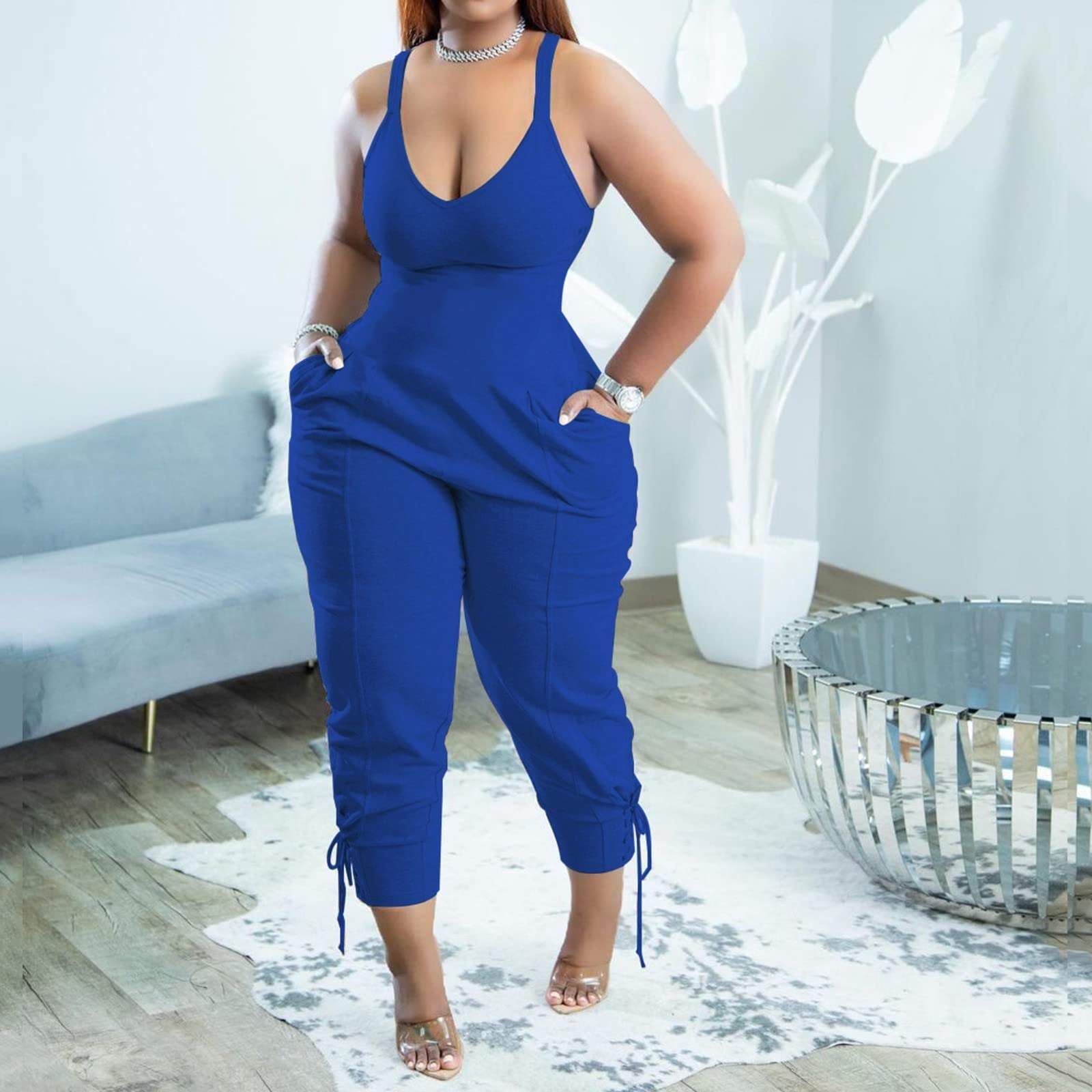 Xysaqa Plus Size Jumpsuit for Curvy Women, Womens Casual Bodycon Tank  One-Piece Jumpsuits Spaghetti Strap Sleeveless Fit Rompers Playsuit with  Pockets 